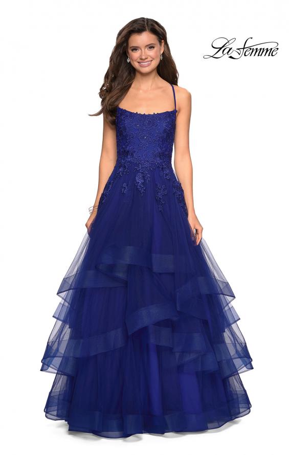 Picture of: Layered Tulle Dress with Lace Detail and Strappy Back in Marine Blue, Style: 27694, Main Picture