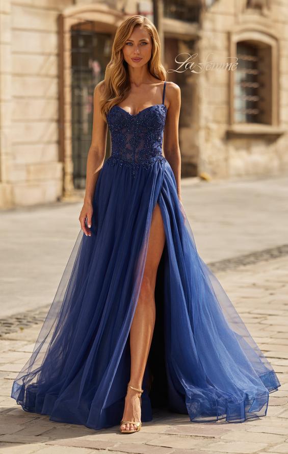 Blue Picture of: Lace Corset Tulle Gown with High Slit and A-Line Skirt in Marine Blue, Style: 33436, Main Picture