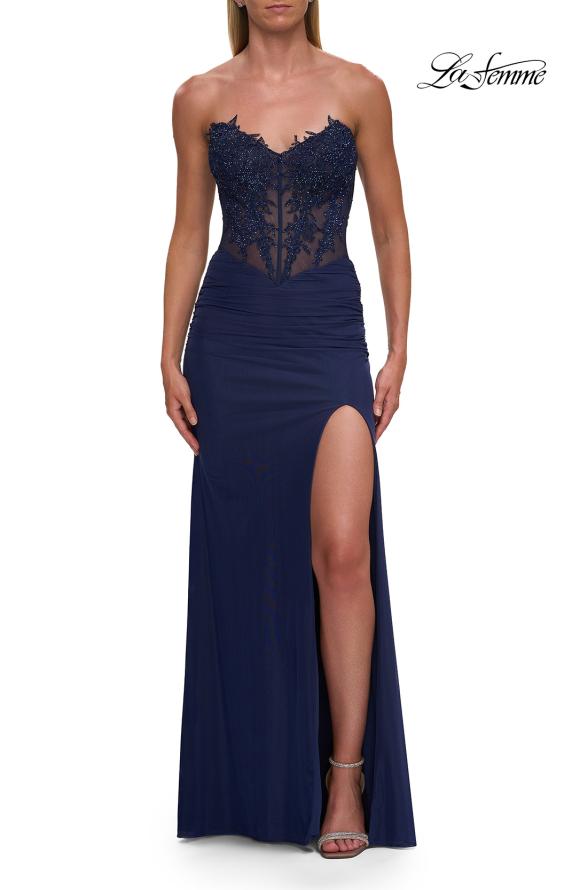 Blue Picture of: Strapless Sheer Corset Gown with Beaded Lace and High Slit in Marine Blue, Style: 33472, Detail Picture 8