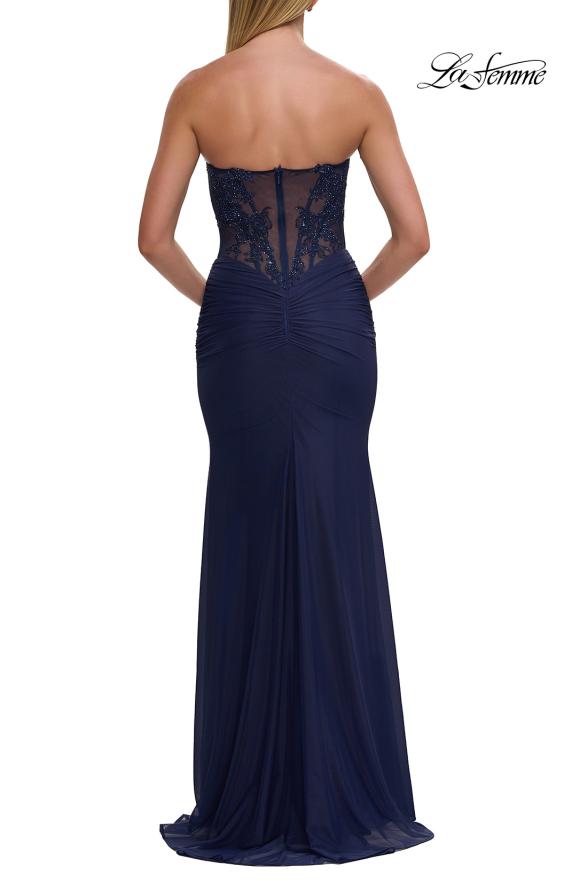 Blue Picture of: Strapless Sheer Corset Gown with Beaded Lace and High Slit in Marine Blue, Style: 33472, Detail Picture 9