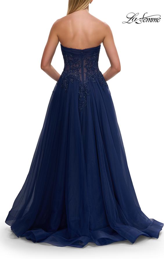 Picture of: Strapless A-Line Gown with Embroidered Corset and Slit in Marine Blue, Style: 33528, Detail Picture 9
