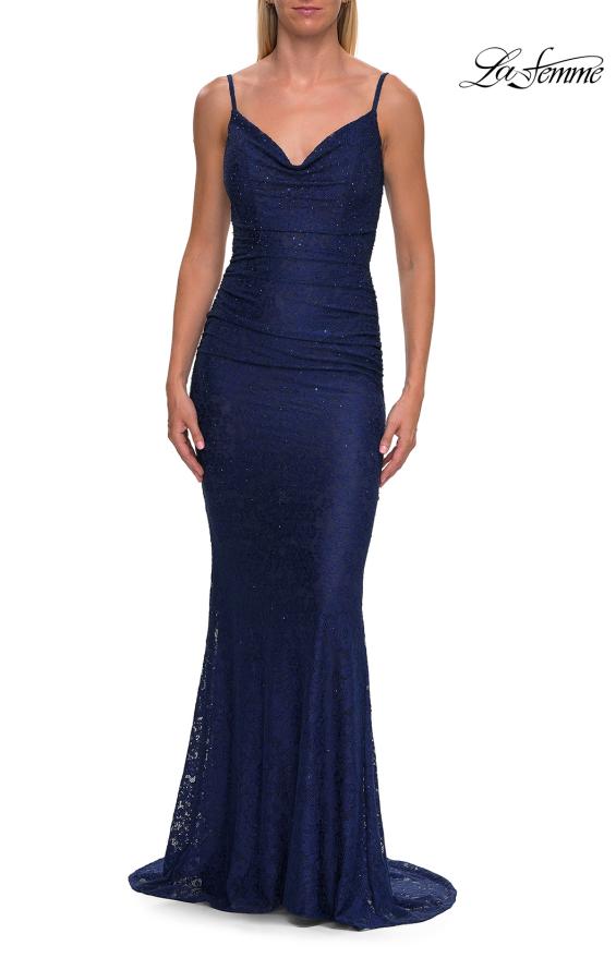 Picture of: Rhinestone Lace Gown with Draped Neckline and Open Back in Marine Blue, Style: 33264, Detail Picture 10