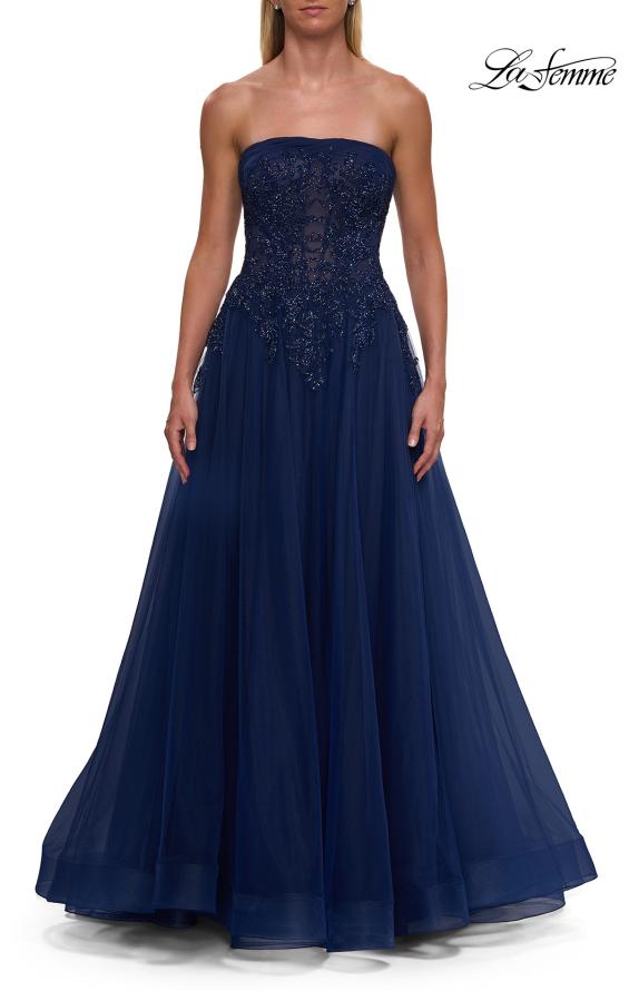 Picture of: Strapless A-Line Gown with Embroidered Corset and Slit in Marine Blue, Style: 33528, Detail Picture 10