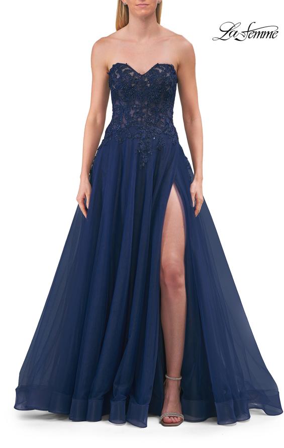 Picture of: Illusion Embroidered Lace Tulle Gown with Slit in Marine Blue, Style: 33551, Detail Picture 10
