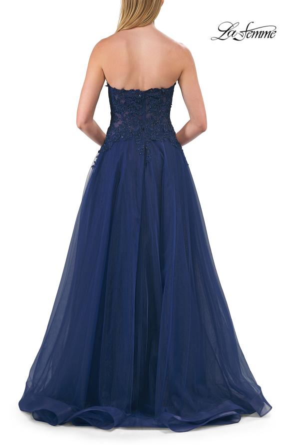 Picture of: Illusion Embroidered Lace Tulle Gown with Slit in Marine Blue, Style: 33551, Detail Picture 11
