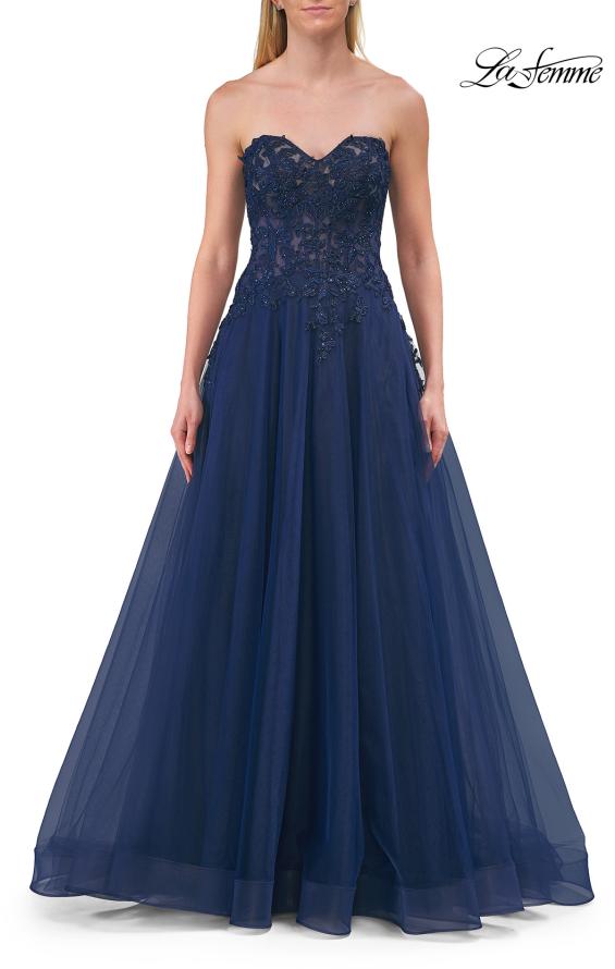 Picture of: Illusion Embroidered Lace Tulle Gown with Slit in Marine Blue, Style: 33551, Detail Picture 12