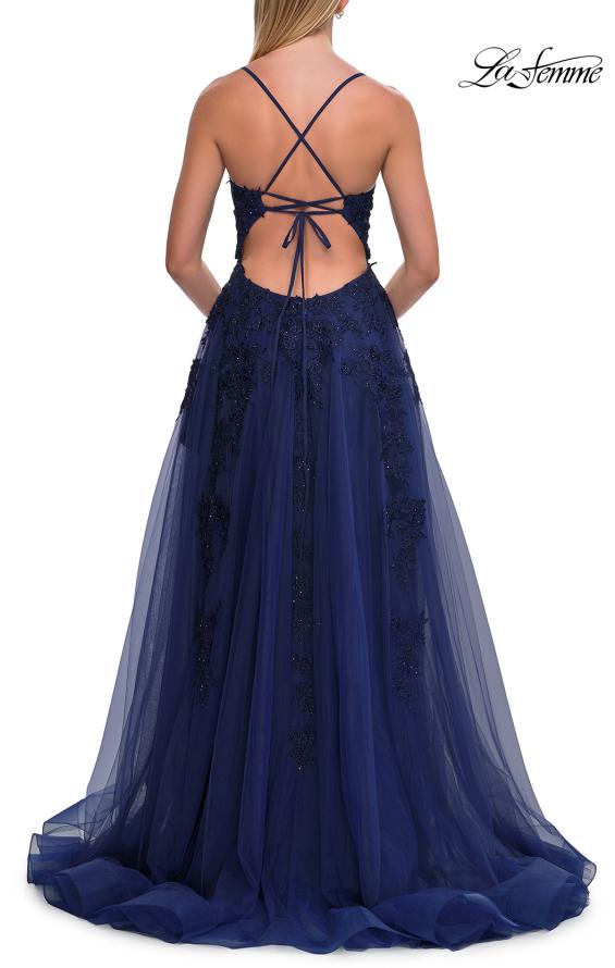 Blue Picture of: Beaded A-Line Tulle Gown with Slit and Open Tie Back in Marine Blue, Style: 33715, Detail Picture 12