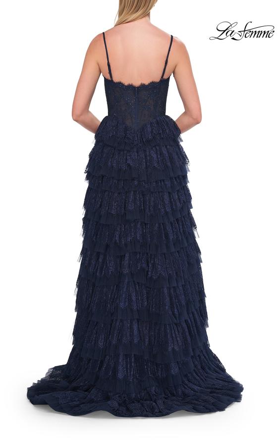 Blue Picture of: Tiered Lace A-Line Gown with Corset Bodice and Slit in Marine Blue, Style: 33525, Detail Picture 13