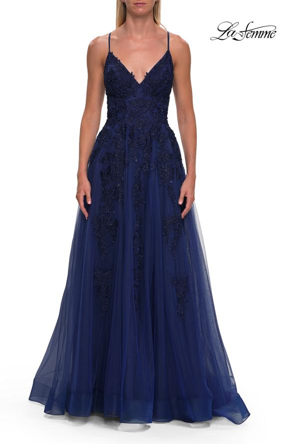Blue Picture of: Beaded A-Line Tulle Gown with Slit and Open Tie Back in Marine Blue, Style: 33715, Detail Picture 13