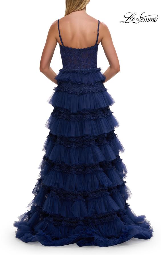 Blue Picture of: Tiered Ruffle Gown with Beaded Bodice and High Slit in Marine Blue, Style: 33493, Detail Picture 17