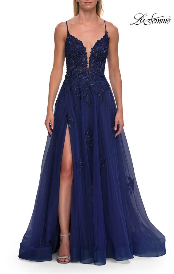Blue Picture of: Floral Beaded Tulle Gown with Slit and Lace-Up Back in Marine Blue, Style: 33716, Detail Picture 17