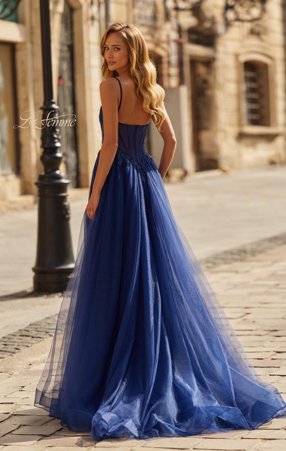 Blue Picture of: Lace Corset Tulle Gown with High Slit and A-Line Skirt in Marine Blue, Style: 33436, Back Picture