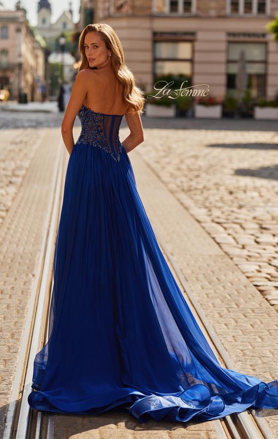 Picture of: Strapless Embellished Chiffon Gown with High Slit in Marine Blue, Style: 33552, Back Picture