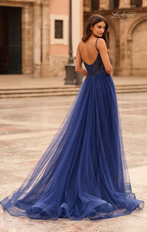 Blue Picture of: Rhinestone Lace A-Line Gown with Sheer Bodice and Slit in Marine Blue, Style: 33674, Back Picture