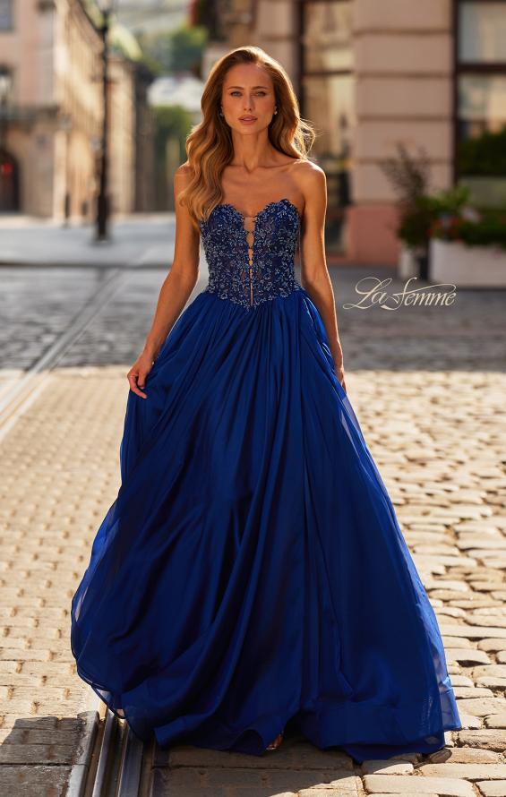 Picture of: Strapless Embellished Chiffon Gown with High Slit in Marine Blue, Style: 33552, Detail Picture 1