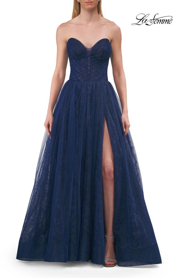 Picture of: Strapless A-Line Gown with Sheer Corset Bodice and High Slit in Marine Blue, Style: 33307, Detail Picture 5