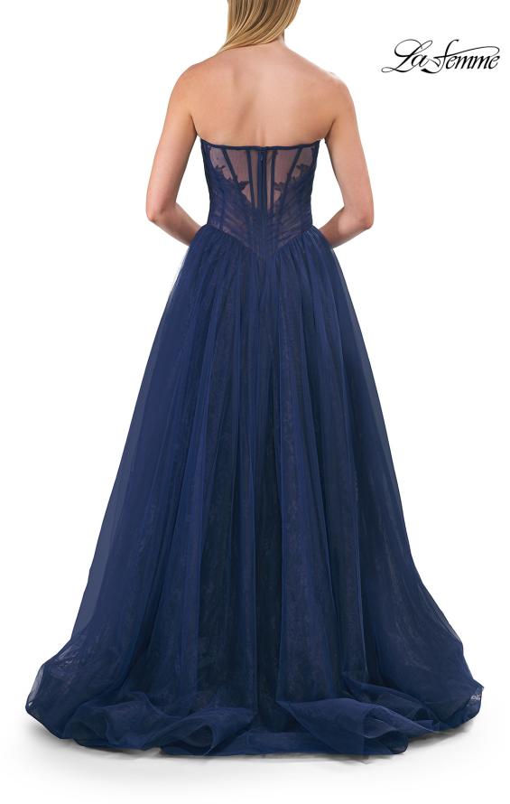 Picture of: Strapless A-Line Gown with Sheer Corset Bodice and High Slit in Marine Blue, Style: 33307, Detail Picture 6