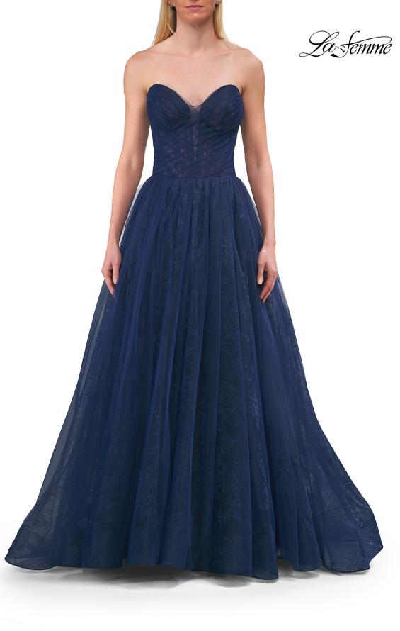 Picture of: Strapless A-Line Gown with Sheer Corset Bodice and High Slit in Marine Blue, Style: 33307, Detail Picture 7