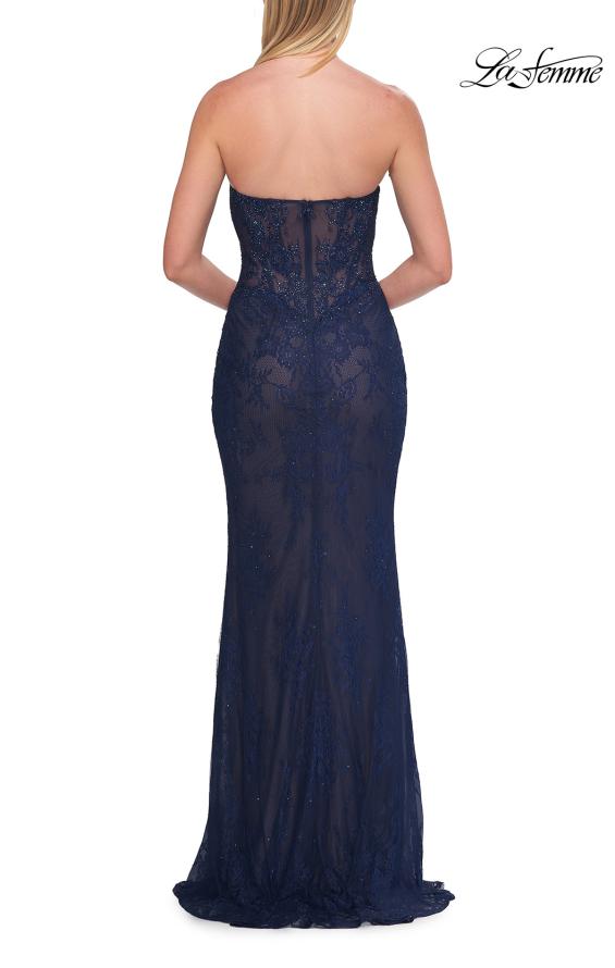 Picture of: Strapless Rhinestone Lace Gown with Sheer Corset Bodice in Marine Blue, Style: 33518, Detail Picture 7