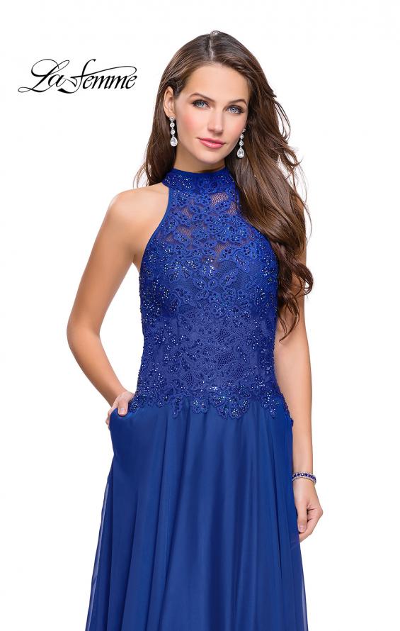 Picture of: Long A line Chiffon Dress with High Neck Lace Up Top in Marine Blue, Style: 25355, Detail Picture 1