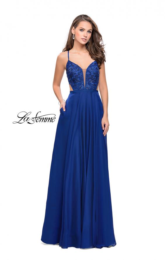 Picture of: A-Line Dress with Embroidered Lace Top and Pockets in Marine Blue, Style: 26243, Detail Picture 3