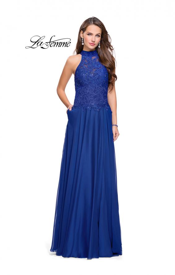 Picture of: Long A line Chiffon Dress with High Neck Lace Up Top in Marine Blue, Style: 25355, Detail Picture 4