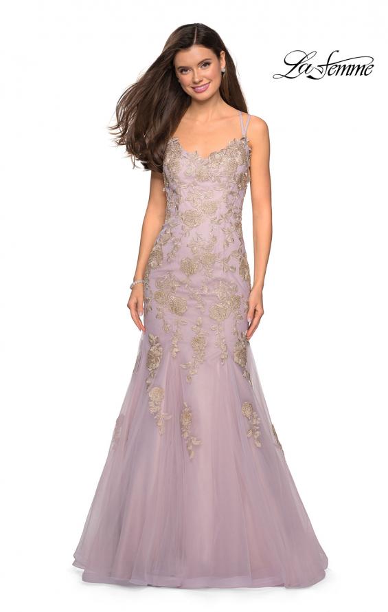 Picture of: Mermaid Tulle Prom Dress with Floral Appliques in Mauve gold, Style: 27710, Main Picture