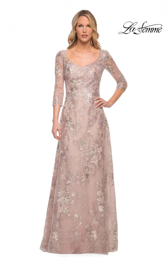 Picture of: Metallic Lace Long Gown with Three-Quarter Sleeves in Pink, Style: 30054, Main Picture