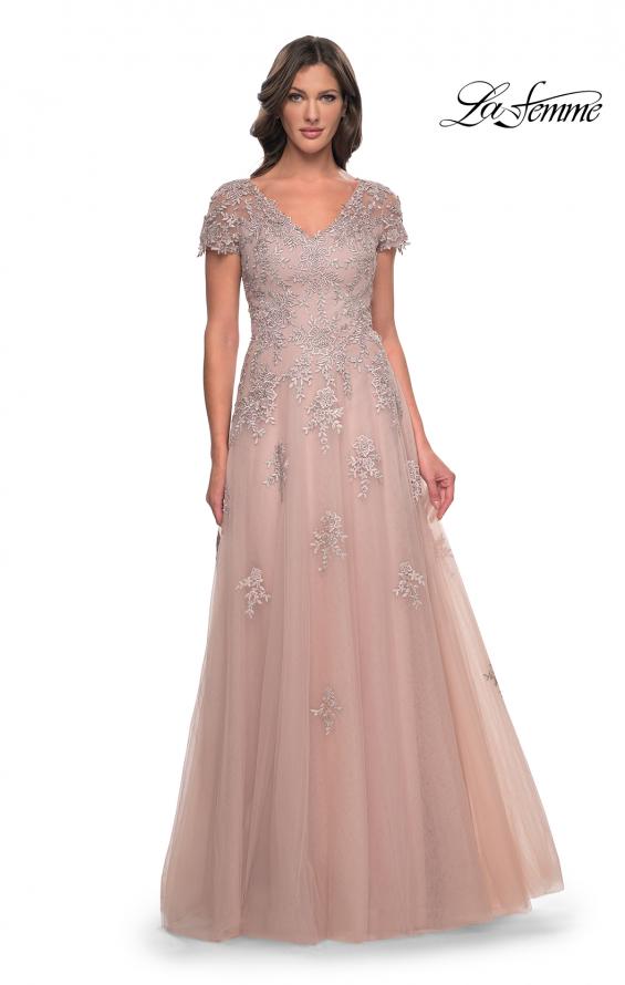 Picture of: A-Line Tulle Gown with Lace Applique and Short Sleeves in Mauve, Style: 30228, Main Picture