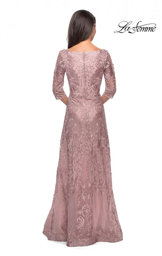 Picture of: Embroidered Lace Gown with V Neckline and Flare Skirt in Mauve, Style: 27949, Detail Picture 8