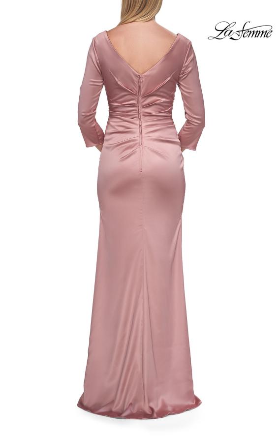 Picture of: V-Neck Satin Gown with Ruched Bodice and Three-Quarter Sleeves in Mauve, Style: 33152, Detail Picture 12