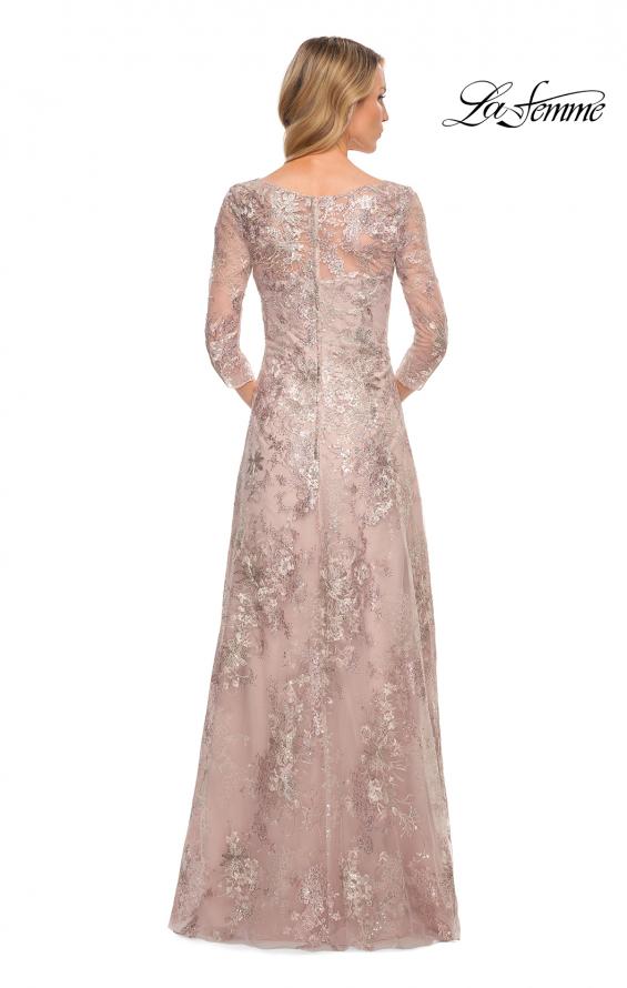 Picture of: Metallic Lace Long Gown with Three-Quarter Sleeves in Pink, Style: 30054, Back Picture