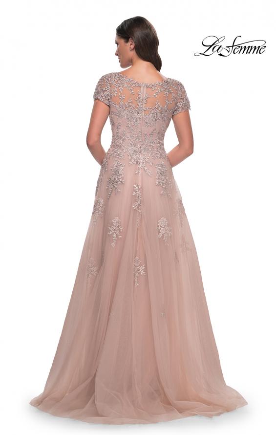 Picture of: A-Line Tulle Gown with Lace Applique and Short Sleeves in Mauve, Style: 30228, Back Picture