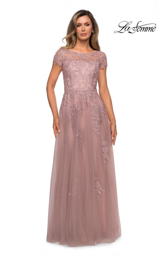 Picture of: Beaded Lace Rhinestone A-line Evening Gown in Mauve, Style: 27920, Detail Picture 1