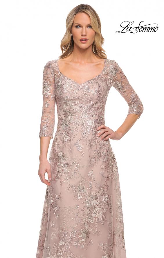 Picture of: Metallic Lace Long Gown with Three-Quarter Sleeves in Pink, Style: 30054, Detail Picture 1