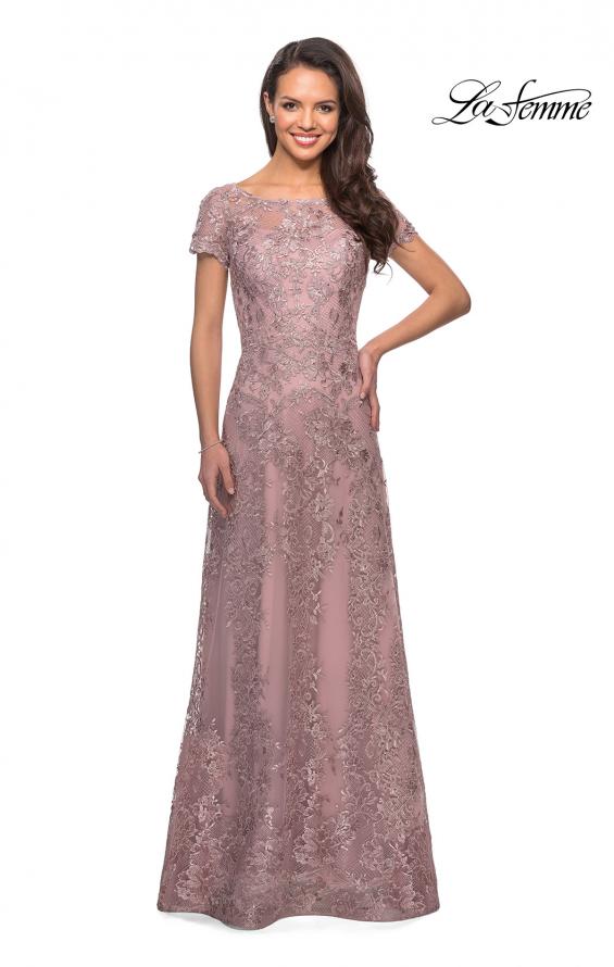 Picture of: Long Lace Dress with Sheer Neckline and Cap Sleeves in Mauve, Style: 27935, Detail Picture 2