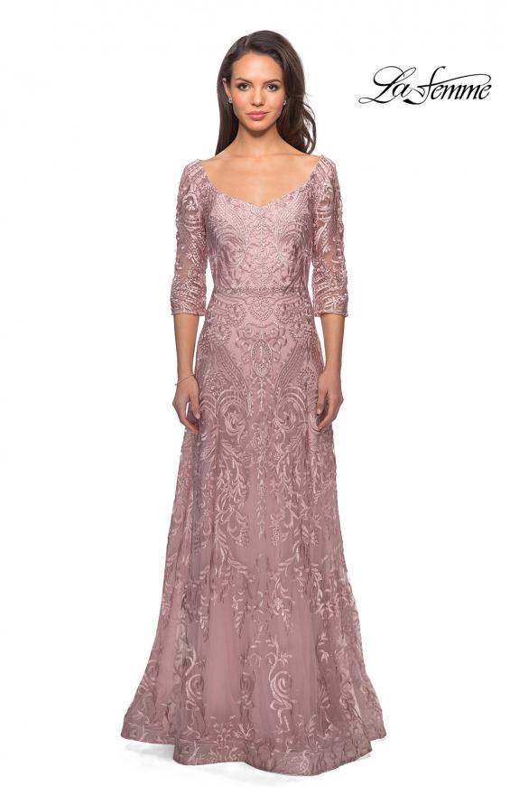 Picture of: Embroidered Lace Gown with V Neckline and Flare Skirt in Mauve, Style: 27949, Detail Picture 2