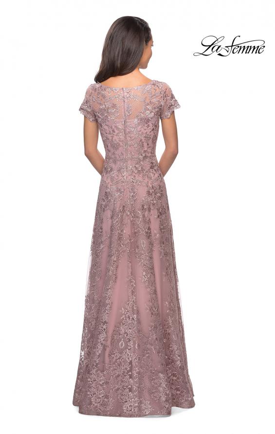 Picture of: Long Lace Dress with Sheer Neckline and Cap Sleeves in Mauve, Style: 27935, Detail Picture 3
