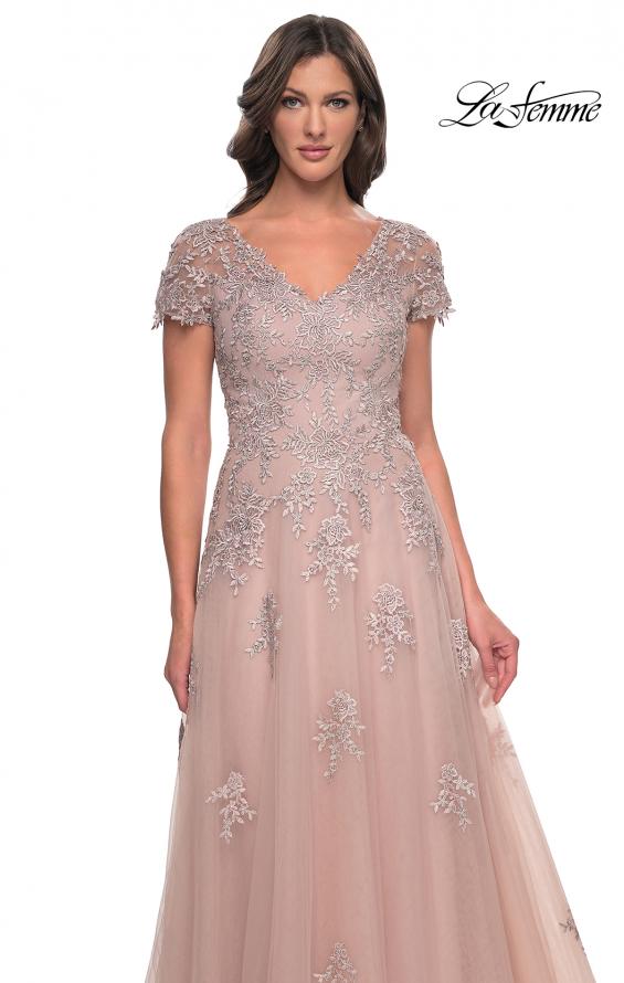 Picture of: A-Line Tulle Gown with Lace Applique and Short Sleeves in Mauve, Style: 30228, Detail Picture 4