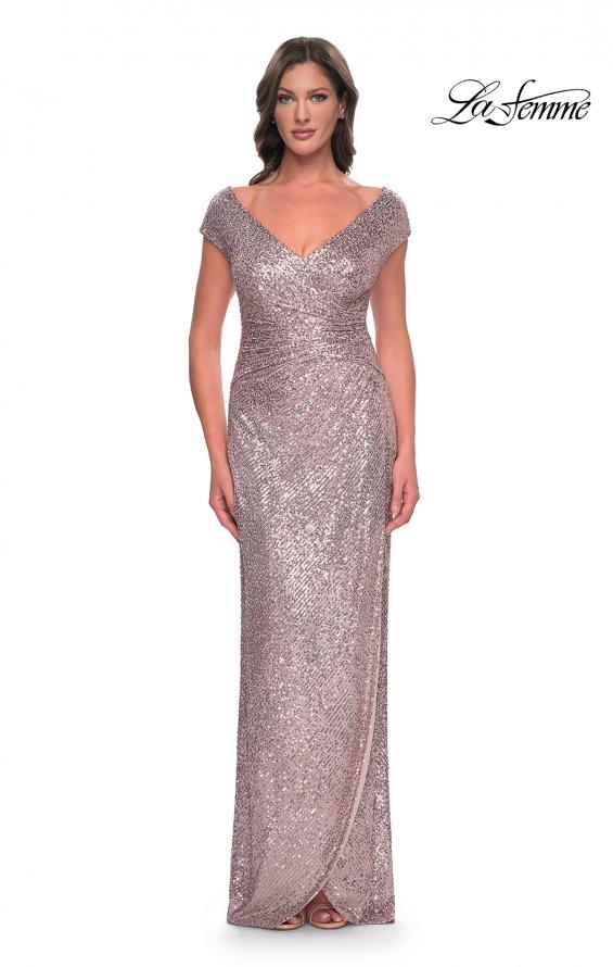 Picture of: Sequin Evening Dress with Ruching and V Neckline in Mauve, Style: 30865, Detail Picture 5