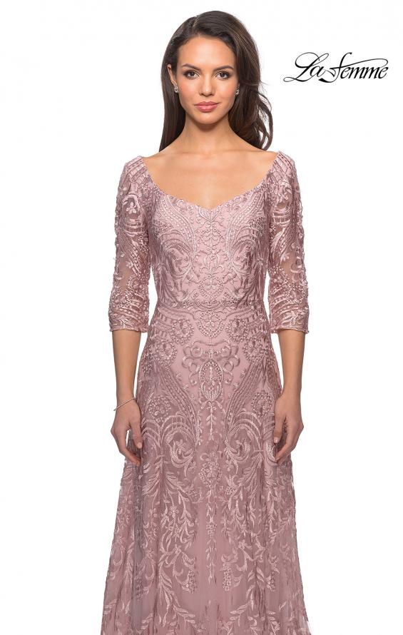 Picture of: Embroidered Lace Gown with V Neckline and Flare Skirt in Mauve, Style: 27949, Detail Picture 7