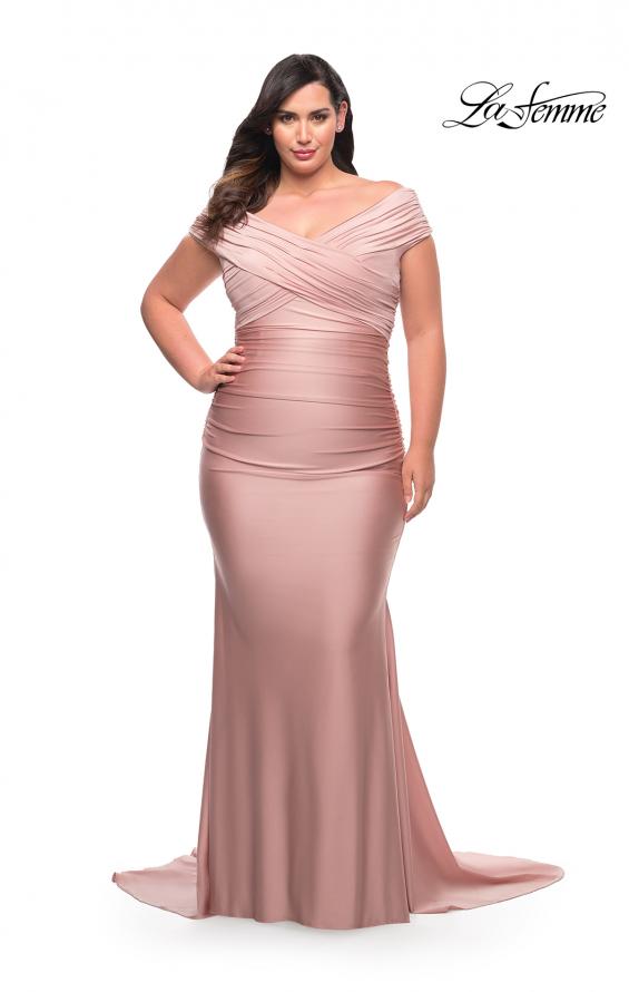 Picture of: Off the Shoulder Ruched Plus Size Gown with Train in Mauve, Style: 29132, Detail Picture 1