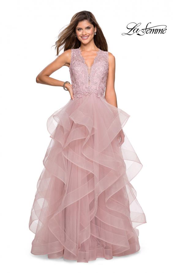 Picture of: Long Layered Tulle Dress with Lace Embellished Bodice in Mauve, Style: 27570, Main Picture