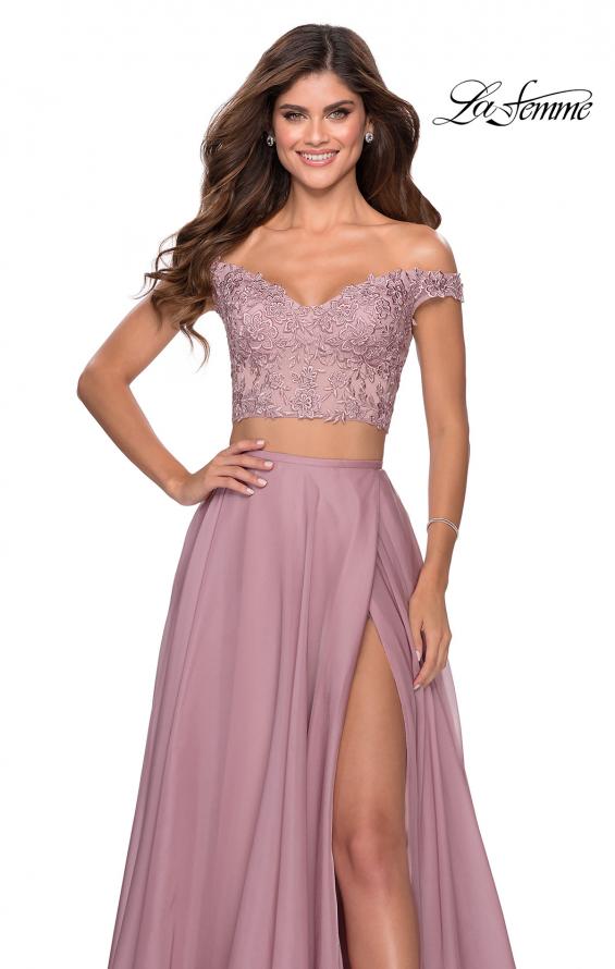 Picture of: Two Piece Dress with Sheer Off the Shoulder Top in Mauve, Style: 28704, Main Picture