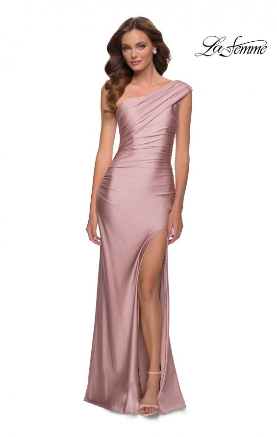 Picture of: One Shoulder Shiny Ruched Jersey Dress with Slit in Mauve, Style 29619, Main Picture