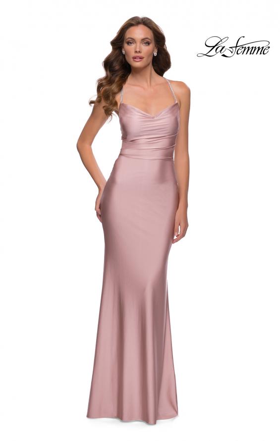 Picture of: Fitted Jersey Gown with Draped Neckline and Beaded Straps in Mauve, Style 29918, Main Picture