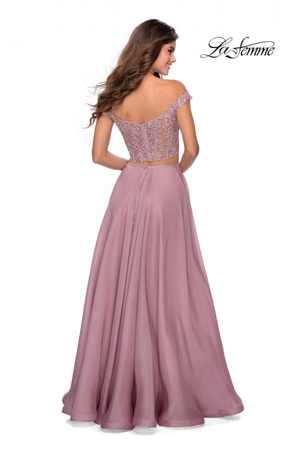 Picture of: Two Piece Dress with Sheer Off the Shoulder Top in Mauve, Style: 28704, Back Picture