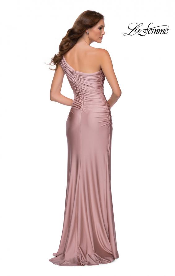 Picture of: One Shoulder Shiny Ruched Jersey Dress with Slit in Mauve, Style 29619, Back Picture