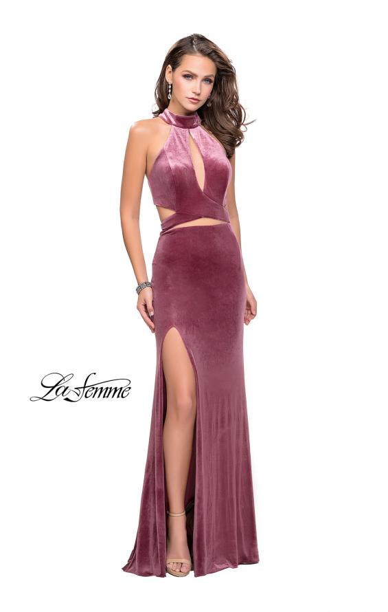 Picture of: Long Velvet Prom Dress with High Neckline and Cut Outs in Mauve, Style: 25294, Detail Picture 1