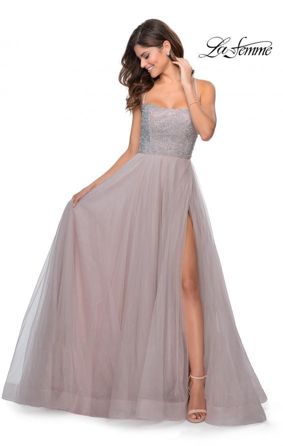 Picture of: Long Tulle Ball Gown with Beaded Bodice and Slit in Mauve, Style: 28530, Detail Picture 1